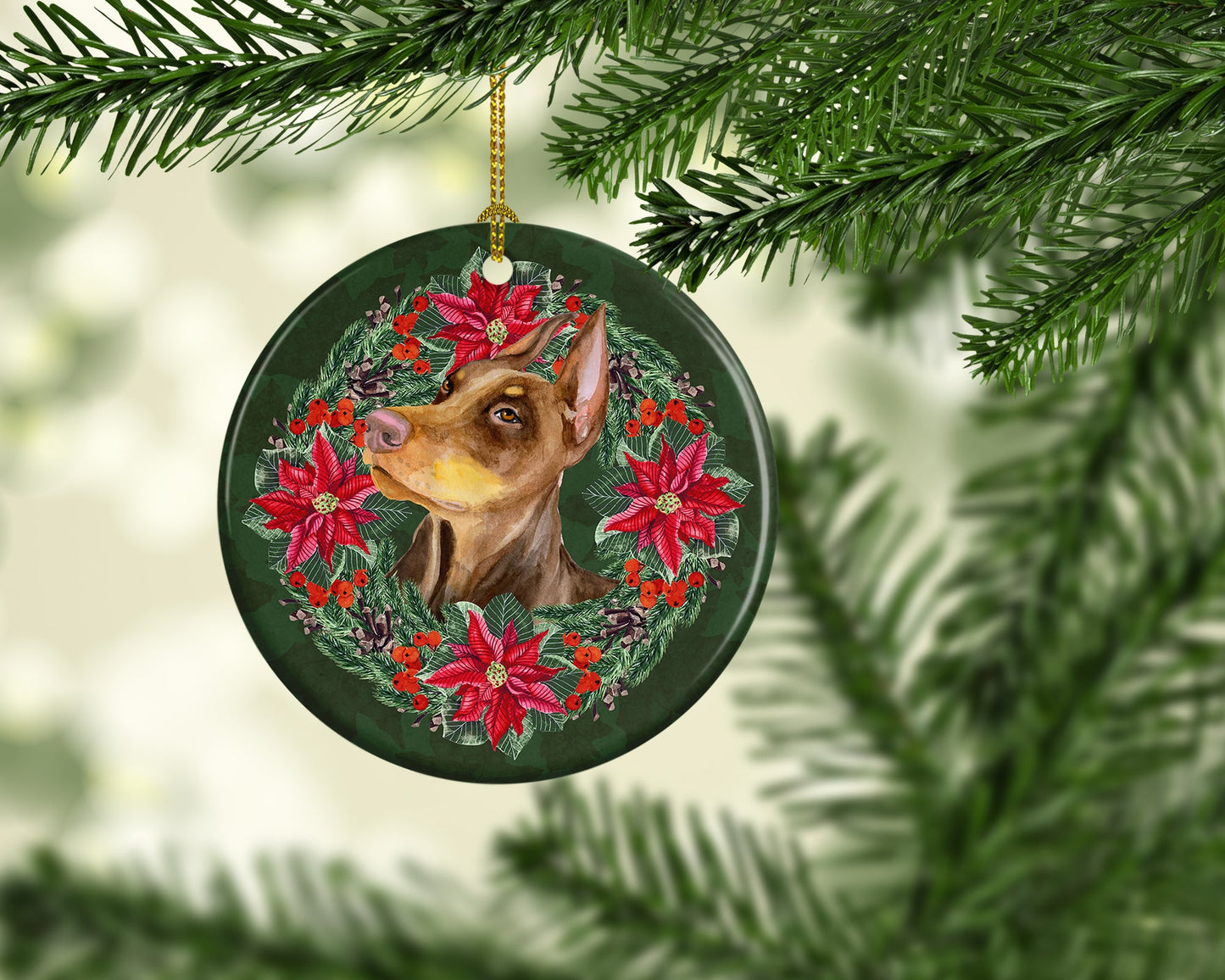 Doberman Pinscher Poinsetta Wreath Ceramic Ornament