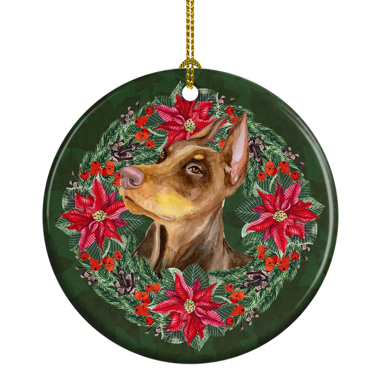 Doberman Pinscher Poinsetta Wreath Ceramic Ornament