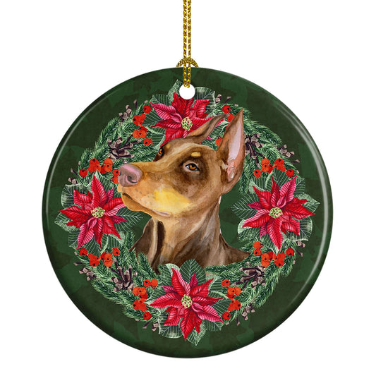 Doberman Pinscher Poinsetta Wreath Ceramic Ornament